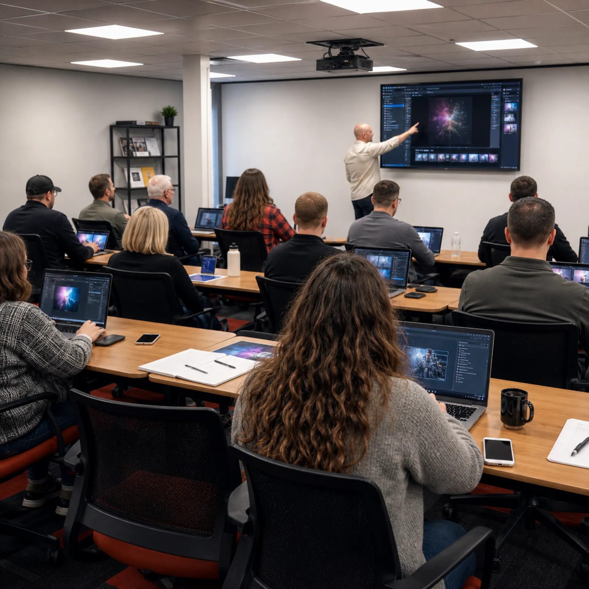 b4b AI workshop — attendees at laptops following a live demo on screen
